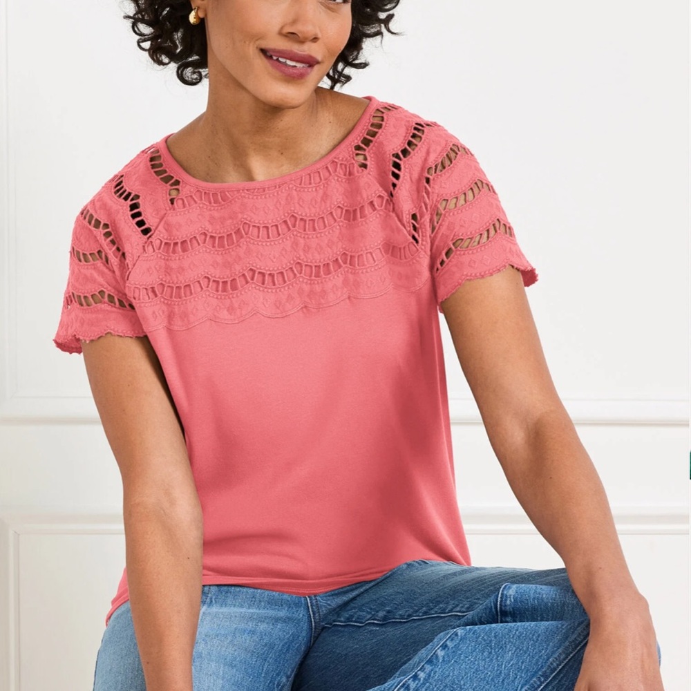 TALBOTS PINK ROSETTE EMBROIDERED EYELET TOP PETITE NWT